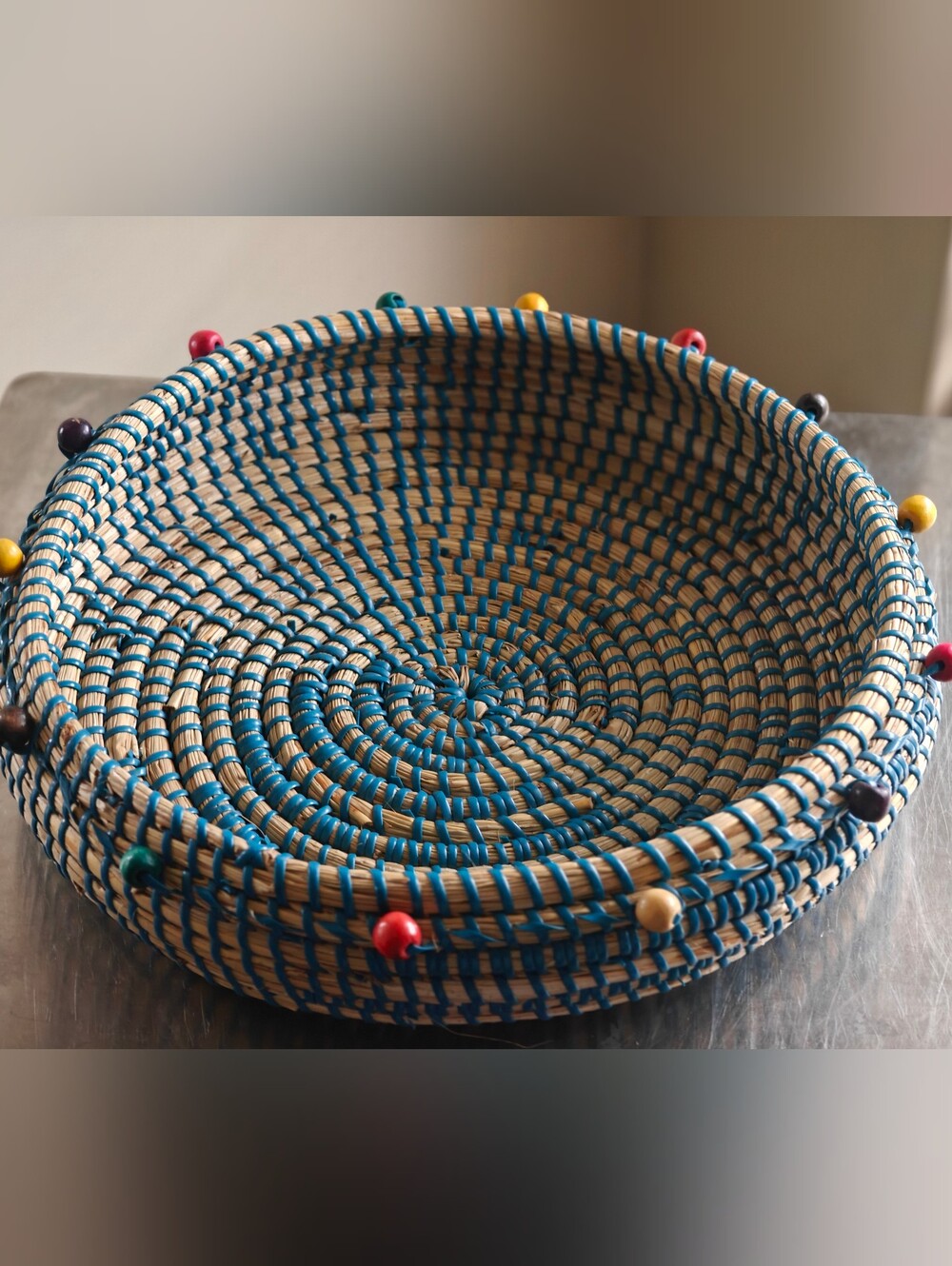 Beaded wicker tray Basket 13" Dia acme excellent preowned condition